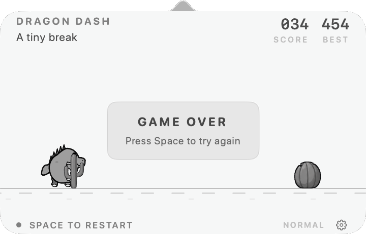 DragonDash mit Game-Over-Anzeige